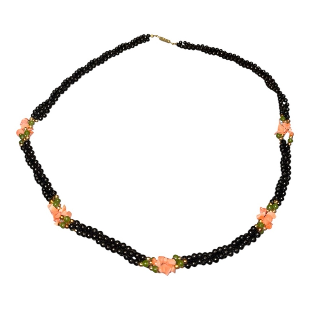 Black Beaded Coral Chip Necklace Multi Strand Vintage 70s Handmade J42